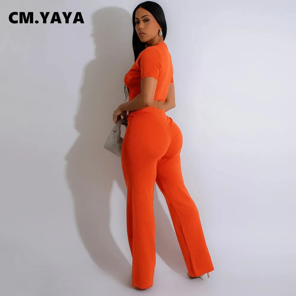 Women's Short Sleeve Diamonds Bowknot O-neck Tops +Wide Leg Pants Suits