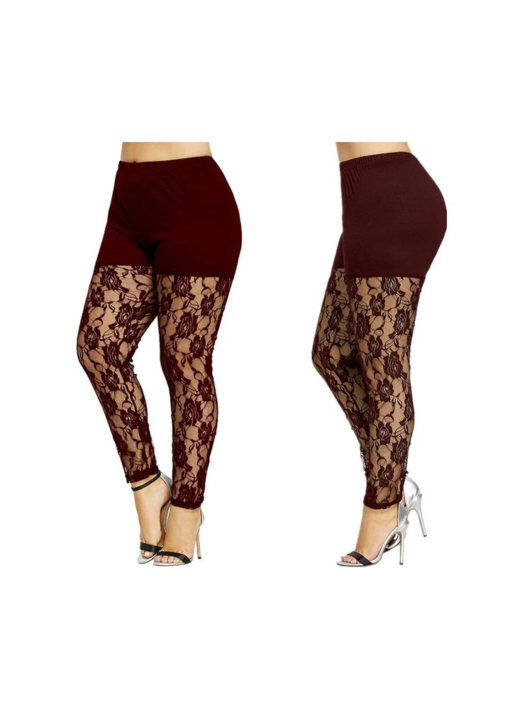 Size 4XL Leggings for Women High Waist Pencil Pants Skinny Lace Hollow Out Floral Tight Trouser Casual Women Homewear