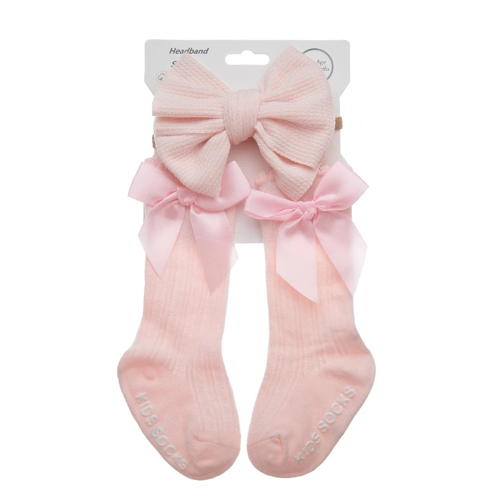 3Pcs/Set Baby Cotton Knee Socks Silk Stain Hair Bow Headbands Non-slip 0-12M Long Leggings Stockings Nylon Hairbands Infant Sock