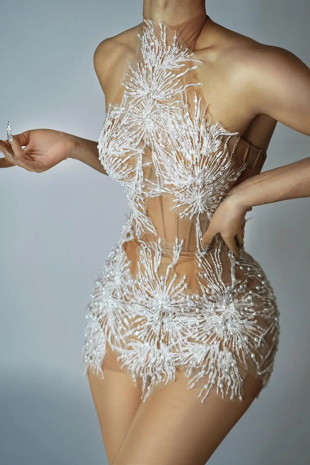 Sparkly Rhinestones Pearls Snow Short Dress