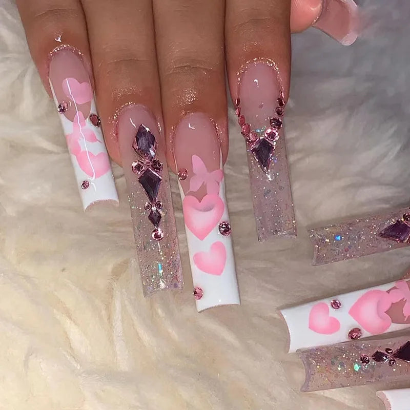 24Pcs Purple Butterfly Coffin Nails Set Press on Long Ballet False Nails with Rhinestone Wearable French Fake Nail Manicure Tips