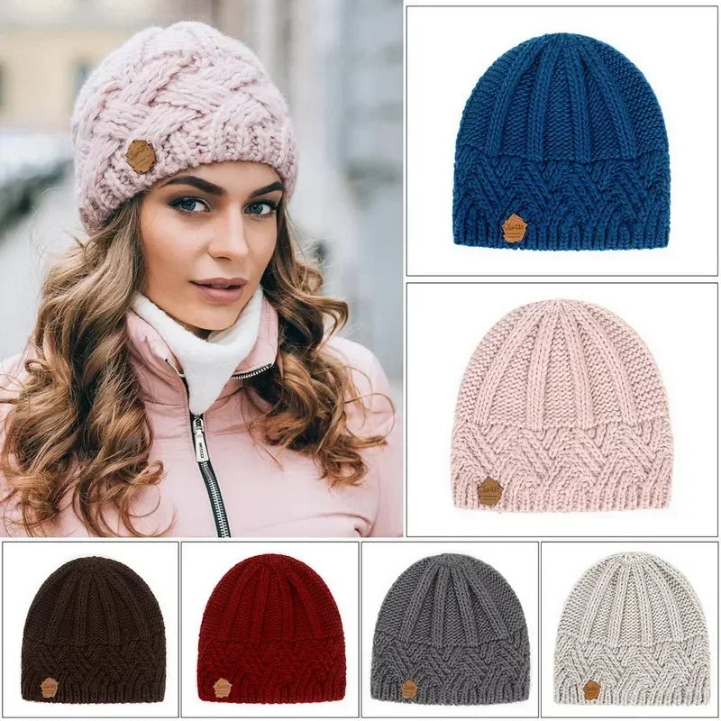 Solid Knitted Beanies Caps for Women Warm Cashmere Wool Skullies Beanies Female Thick Knitted Hats Autumn Winter Warm Cap