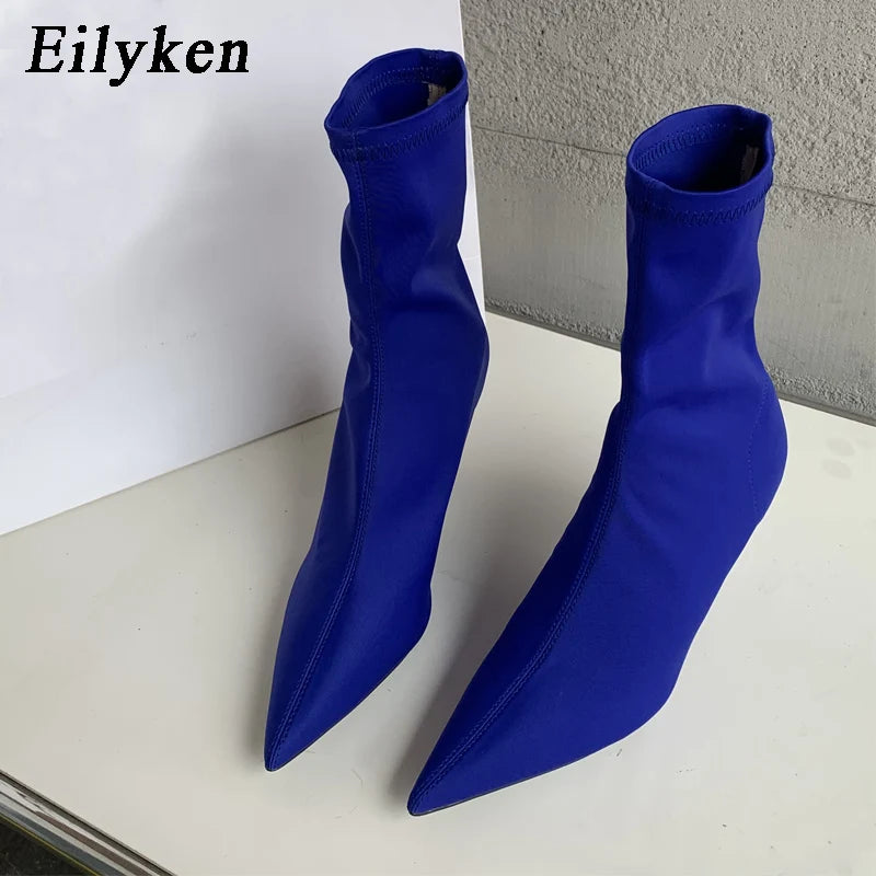 Eilyken Candy Colors Stretch Fabric Ankle Boots For Women Pointed Toe Fashion Short Booties Spring Autumn Thin High Heels Shoes