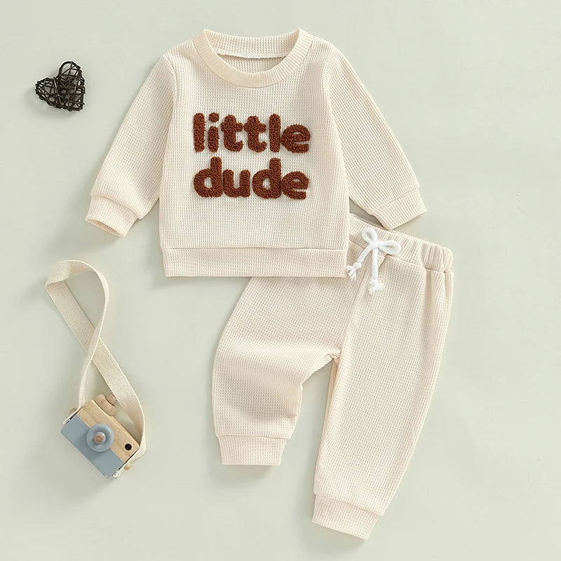 Toddler Boy Girl Waffle Outfit Letter Embroidery Long Sleeve Sweatshirt with Elastic Waist Solid Pants Set