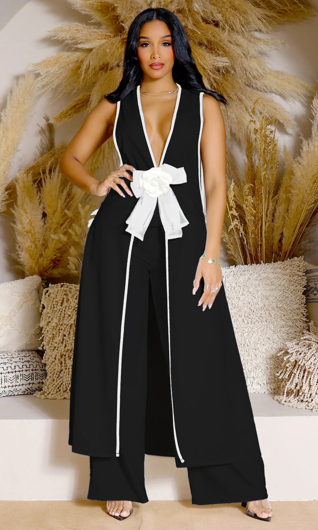 3D Flower Sleeveless V-neck X-long Shirt Coats + Wide Leg Pants Fashion