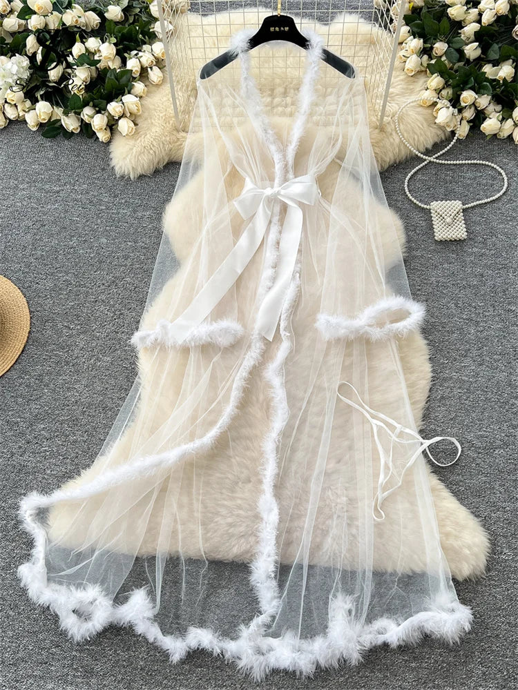 SINGREINY Transparent Gauze Spliced Wool Long Robes Sleepwear Women Lace Up Long Sleeve Robes Fashion Sheer Sexy Cardigan Robes