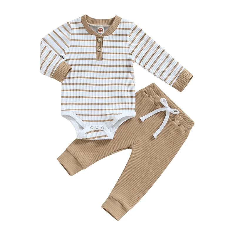 Newborn Baby Boys Girl Fall Winter Clothes Ribbed Knitted Long Sleeve Romper Solid Long Pants Cotton Infant Outfits