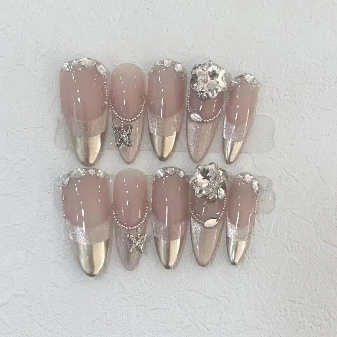 10Pcs Full Cover Butterflies Rhinestones Design Pink Almond
