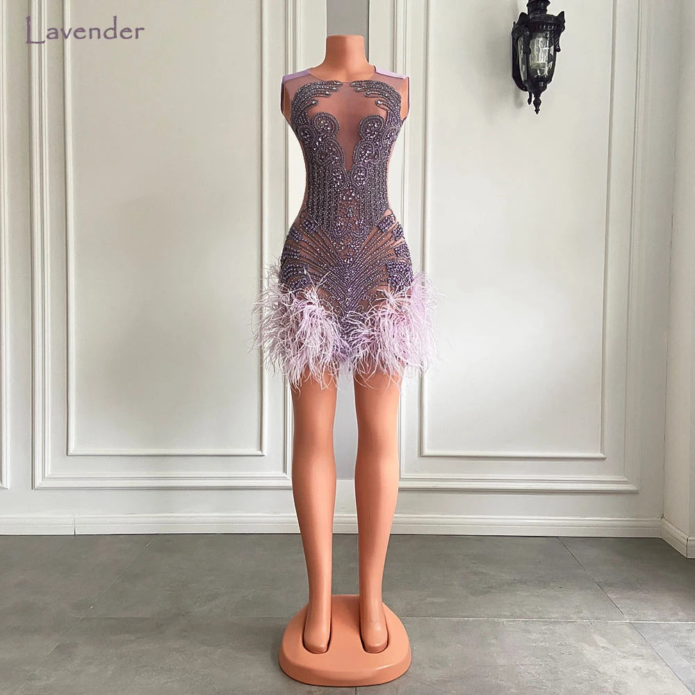 Stunning Sparkly Luxury Diamond Women Birthday Party Cocktail Gowns Sexy Sheer Pink Feather Mini Short Prom Dresses 2025