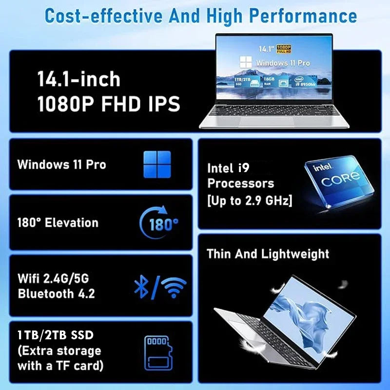 14.1" Windows 11 Pro i9 Gaming Laptop Computer PC Gamer 16GB RAM 1TB 2TB SSD Notebook Intel Core i9 8950HK Office Study Computer