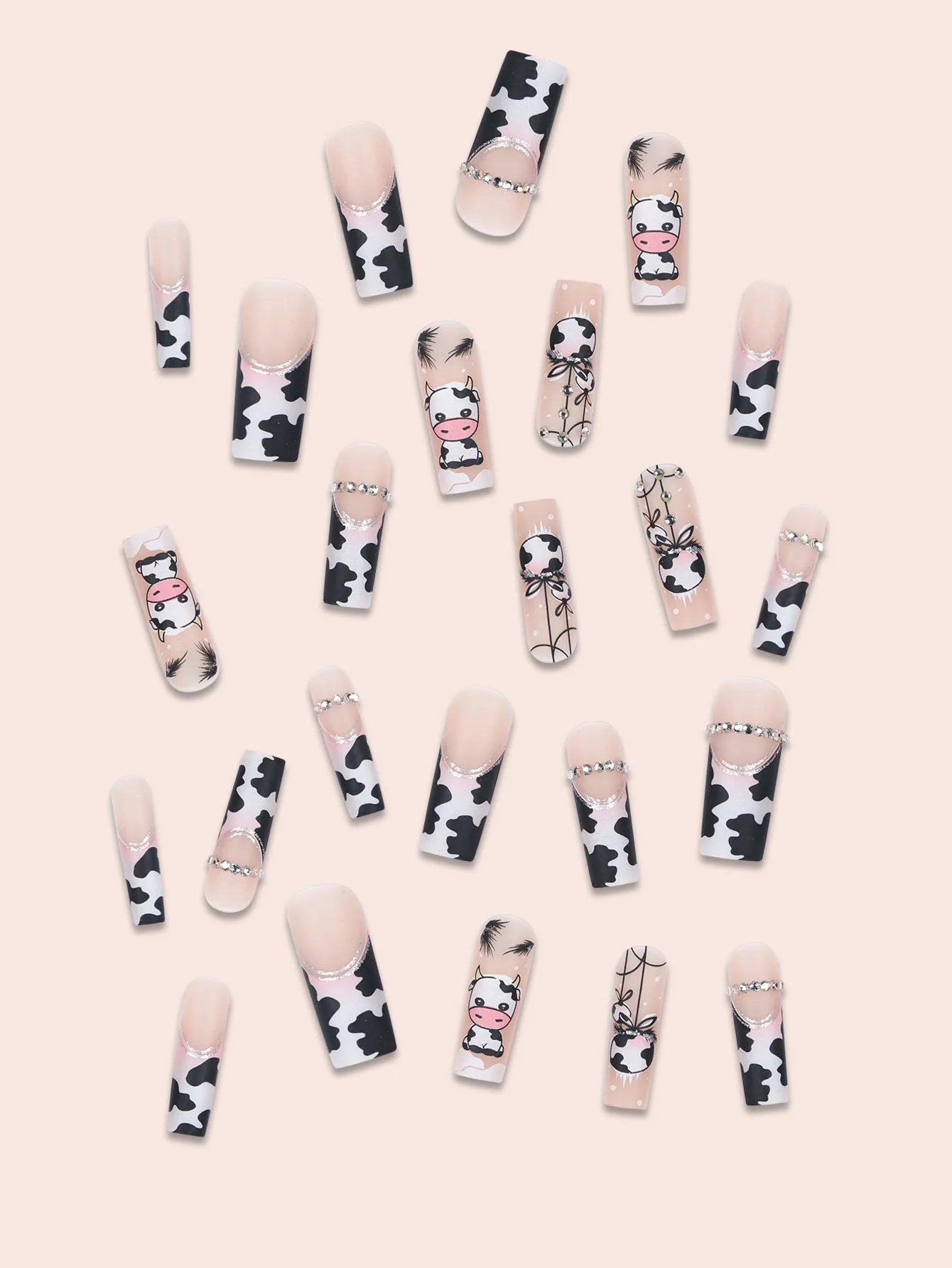 24 Pieces of Long Coffins with Cow Patterns, French Pattern, Diamond Frosted Fake Nails&1 Nail File and 1 Fruit