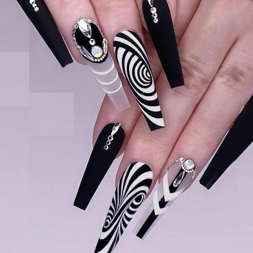 24 Pcs Glossy Long Ballerina Press On Nails Purple Glitter With Rhinestone Shiny