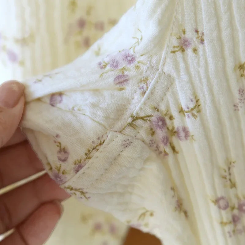 2025 Spring and Autumn Women's New Pajama Cotton Long sleeved Pants Set with Collar Flower Crape Fabric Home Clothing Set Ladies