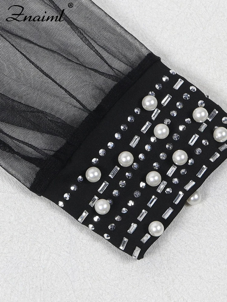 Sexy Sheer Mesh Patchwork Rhinestone Bodycon Black Mini Dress Women's Long Sleeve Skinny Birthday Evening Party Dresses