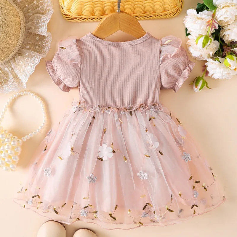 Baby Girl Dress Summer Girl Full Print Flower Mesh Princess Dress Girl Bow Flower Girl Wedding Dress Birthday Dress