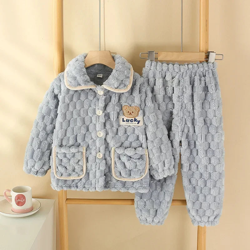 New Kids Boys Girls Autumn Winter Flannel Thicken Pajamas Baby Cartoon Long Sleeve Lapel Tops with Pants Sleeping Clothing Sets
