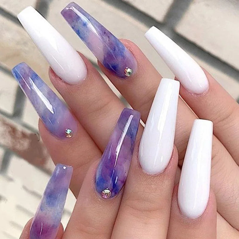 24 Pcs Glossy Long Ballerina Press On Nails Purple Glitter With Rhinestone Shiny