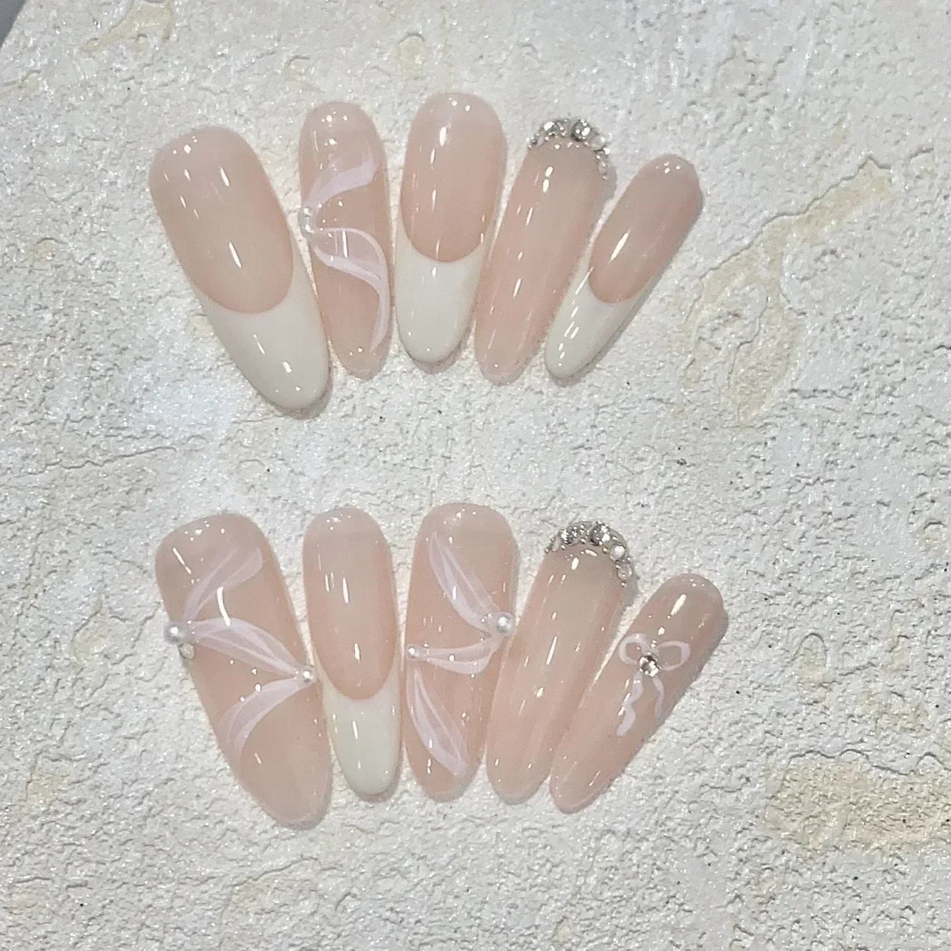 10Pcs Full Cover Butterflies Rhinestones Design Pink Almond