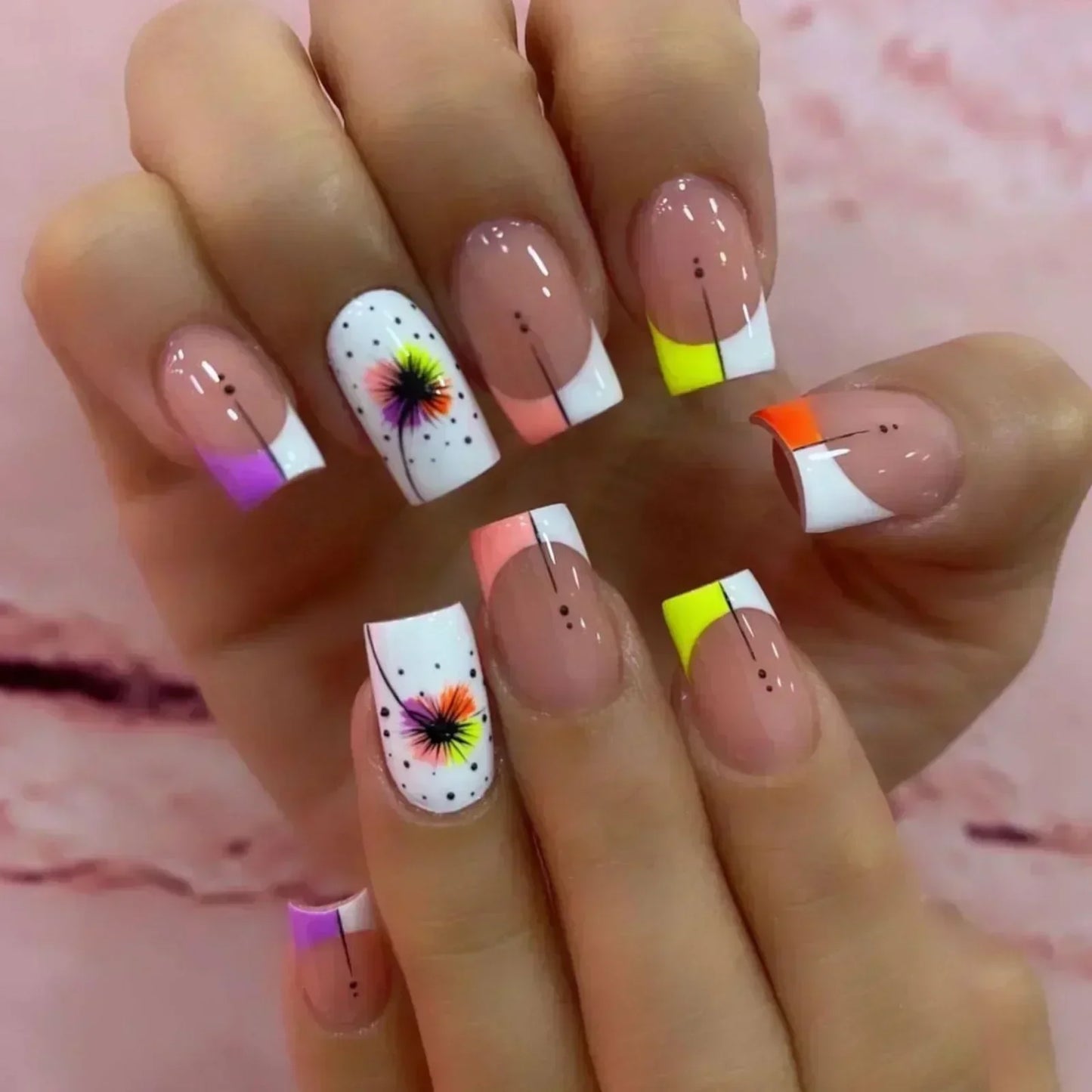 24Pcs Short Square French False Nails with Flower Shiny White Edge Design Pink Glitter Fake Nails Full Cover Press on Nails Tips