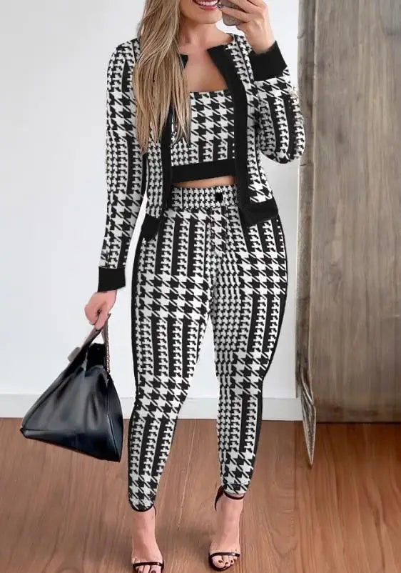 Sets Outifits Women Spring Autumn 3 Piece Set Plaid Print Crop Top & Pants Set With Coat Fashion Casual Elegant
