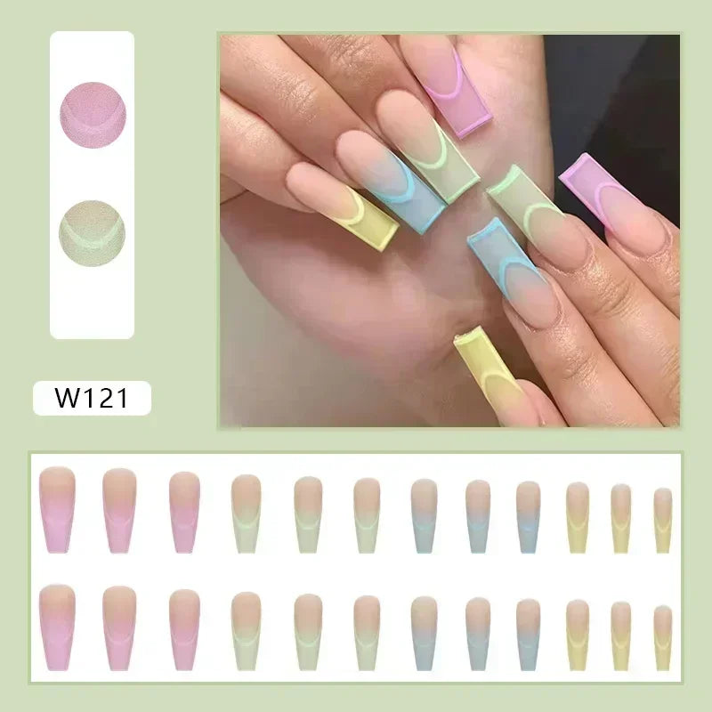 24Pcs Black Ballet False Nails Long Coffin Nail Tips Detachable Press on Nails DIY Manicure Colorful Eyes Designs Fake Nails