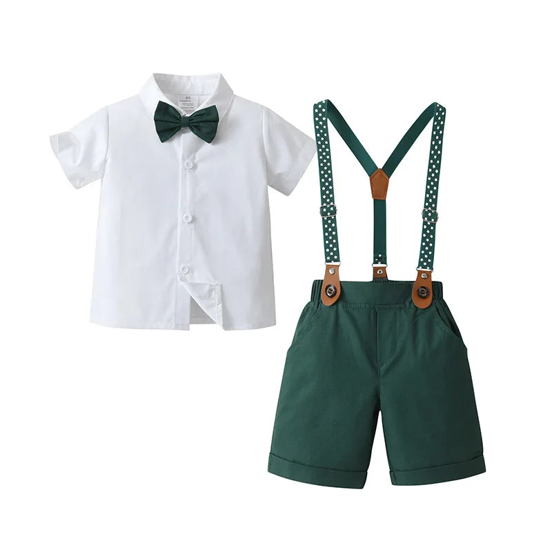 1 2 3 4 5 6 Years Boy Summer Costume Star Print Suspender Set Solid T-shirt Shorts Children Toddler Wedding Suis Kid Cotton Set