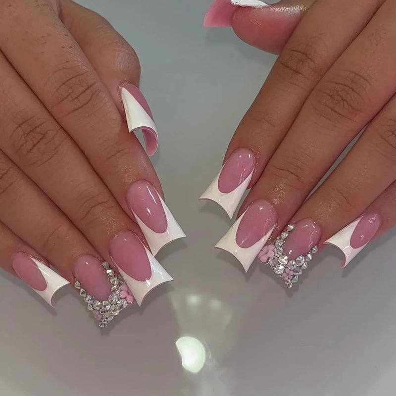 24Pcs French Fake Nails Pink Rhinestone Design False Nail Duckbill Shaped Wearable Manicure Full Cover Press on Nails for Women