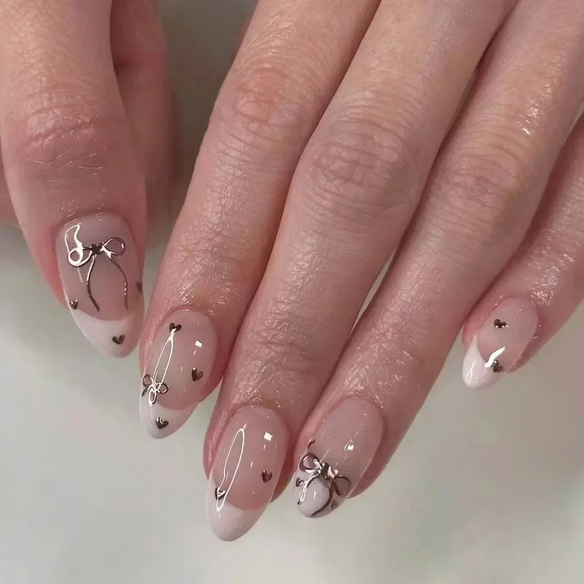 24Pcs Almond False Nails Cute Strawberries with French Design Simple White Wearable Fake Nails Decoration Press on Nail Tips Art