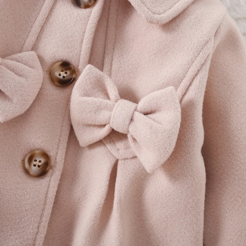 Autumn And Winter New Girls' Stylish Thick Coat With Bow Tie Long Sleeved Woolen Coat Windbreaker