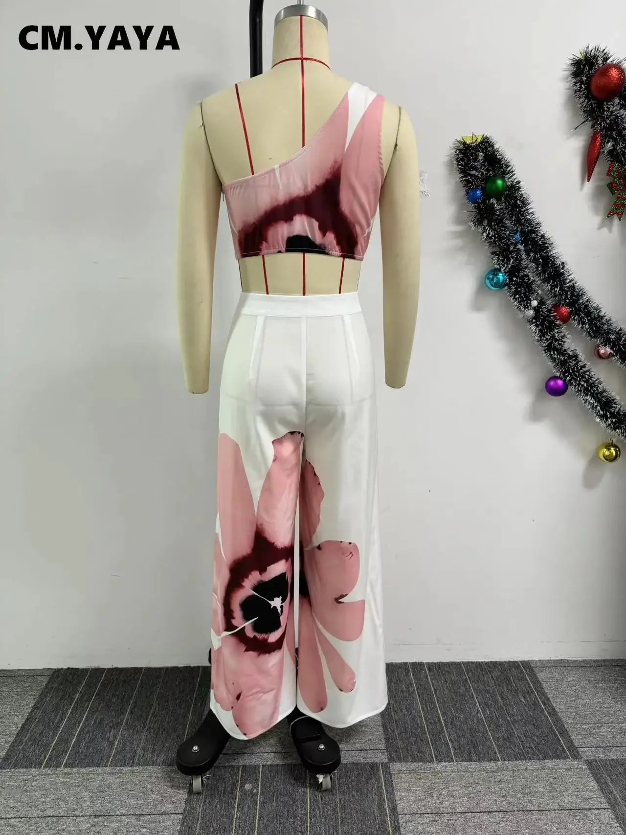 Floral Print Sleeveless Skew Collar Tops +Wide Leg Pants