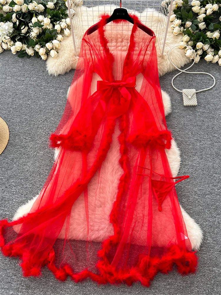 SINGREINY Transparent Gauze Spliced Wool Long Robes Sleepwear Women Lace Up Long Sleeve Robes Fashion Sheer Sexy Cardigan Robes