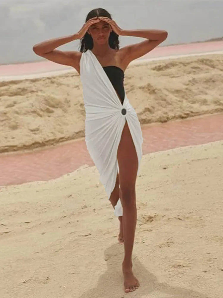 Hollow Out Women Midi Beach Dress White One Shoulder Sleeveless