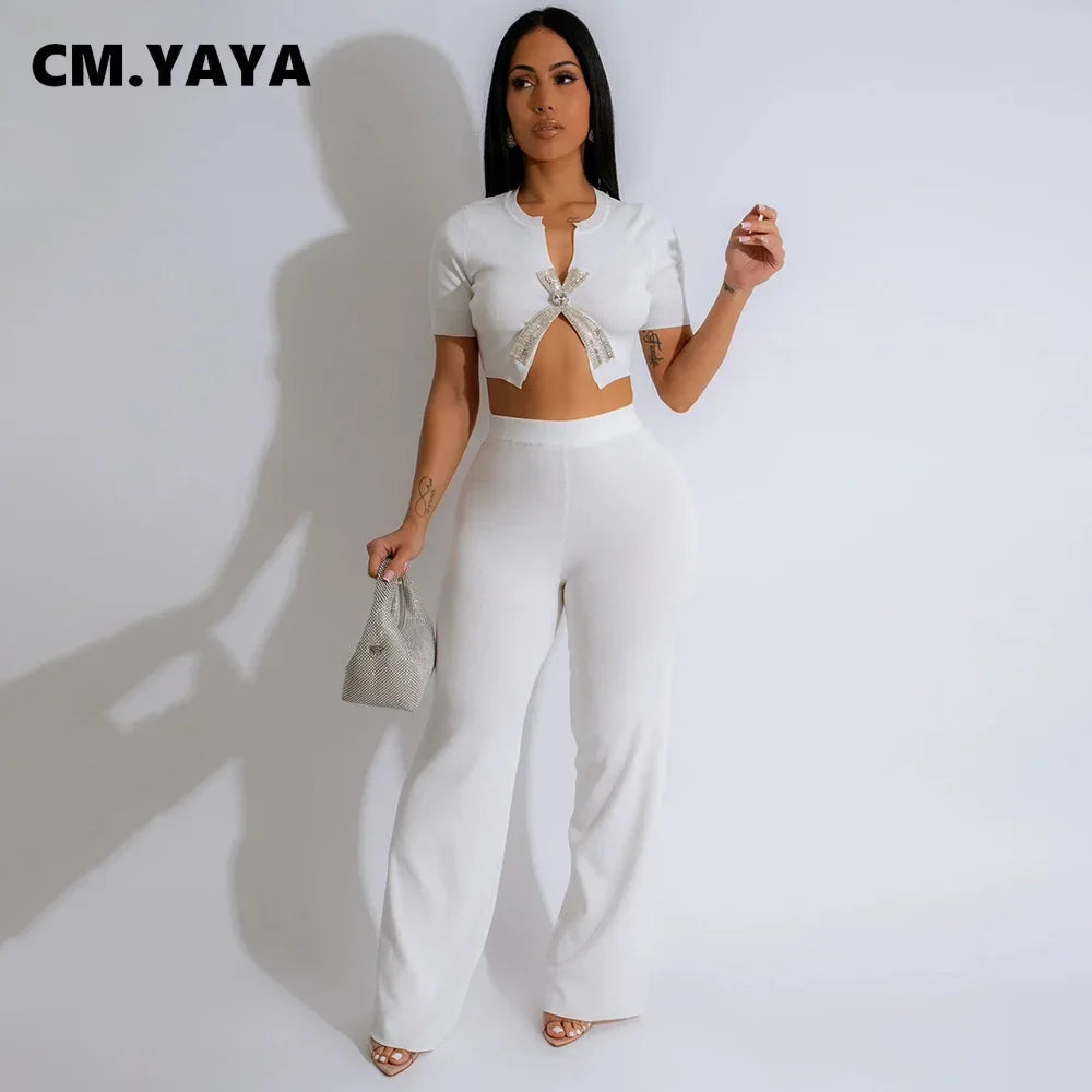 Women's Short Sleeve Diamonds Bowknot O-neck Tops +Wide Leg Pants Suits