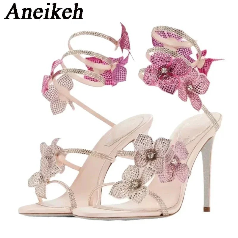 Aneikeh Sexy CRYSTAL Flower Narrow Band Ankle Strap Sandals Woman Thin High Heels Street Style  Pole Dancing Ladies Shoes