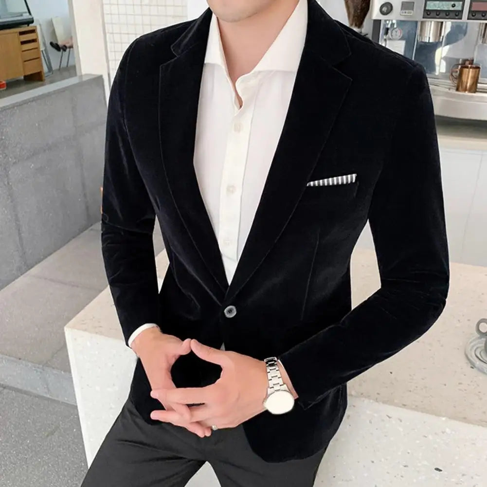 Spring Velvet Men Blazer Solid Color Temperament Suit Jacket Turndown Collar Long Sleeve Slim Fit Single Button Velvet Suit Coat