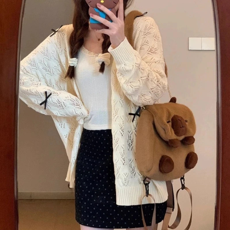 Coquette Cardigan Sweater Woman Kawaii Bow Hollow Knitted Tops