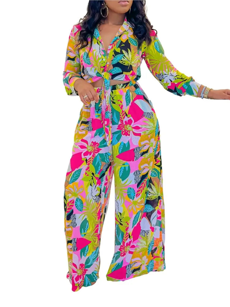 New Long Sleeved Printed Suit For Women Fashion Lapel Single Breasted Shirt Wide Leg Trousers Two Piece Set