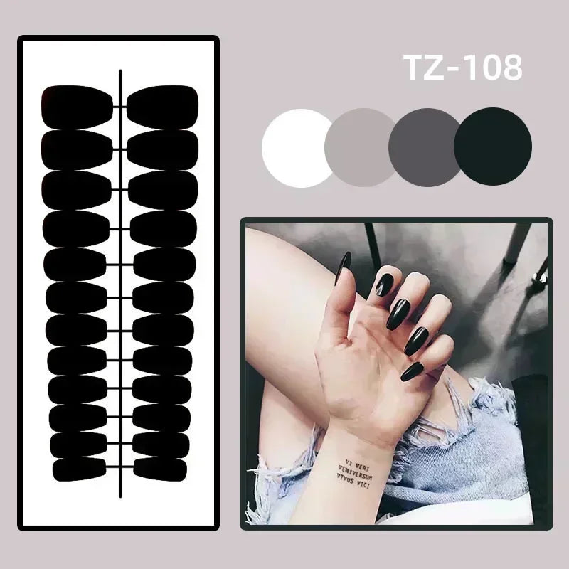 24Pcs Mid-length False Nails with Almond Head Design Brown Gold Lines Fake Nails Oval Wearable French Press on Nail Tips