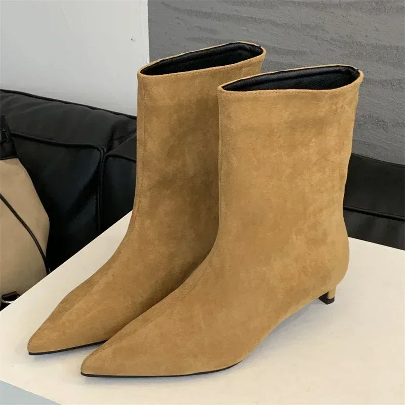 Aneikeh Large size 41 42 Fashion Winter Faux suede pointed short boots low heel boots Slip On Party Shoes Botas Zapatos De Mujer