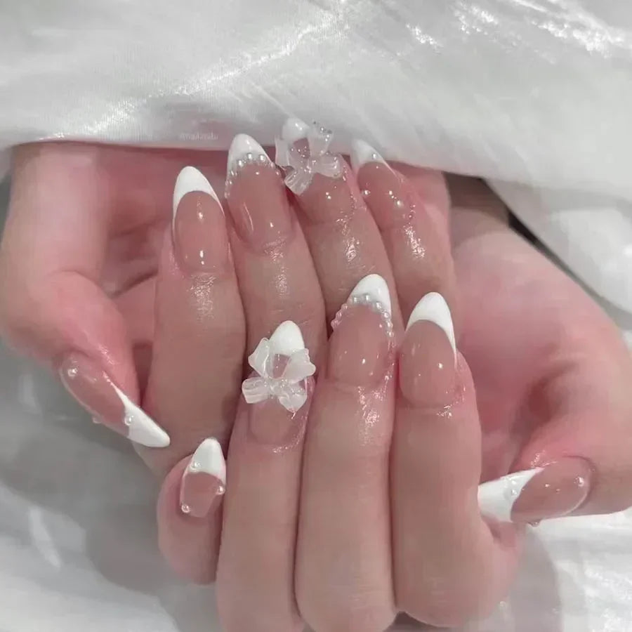 24Pcs Almond False Nails Cute Strawberries with French Design Simple White Wearable Fake Nails Decoration Press on Nail Tips Art