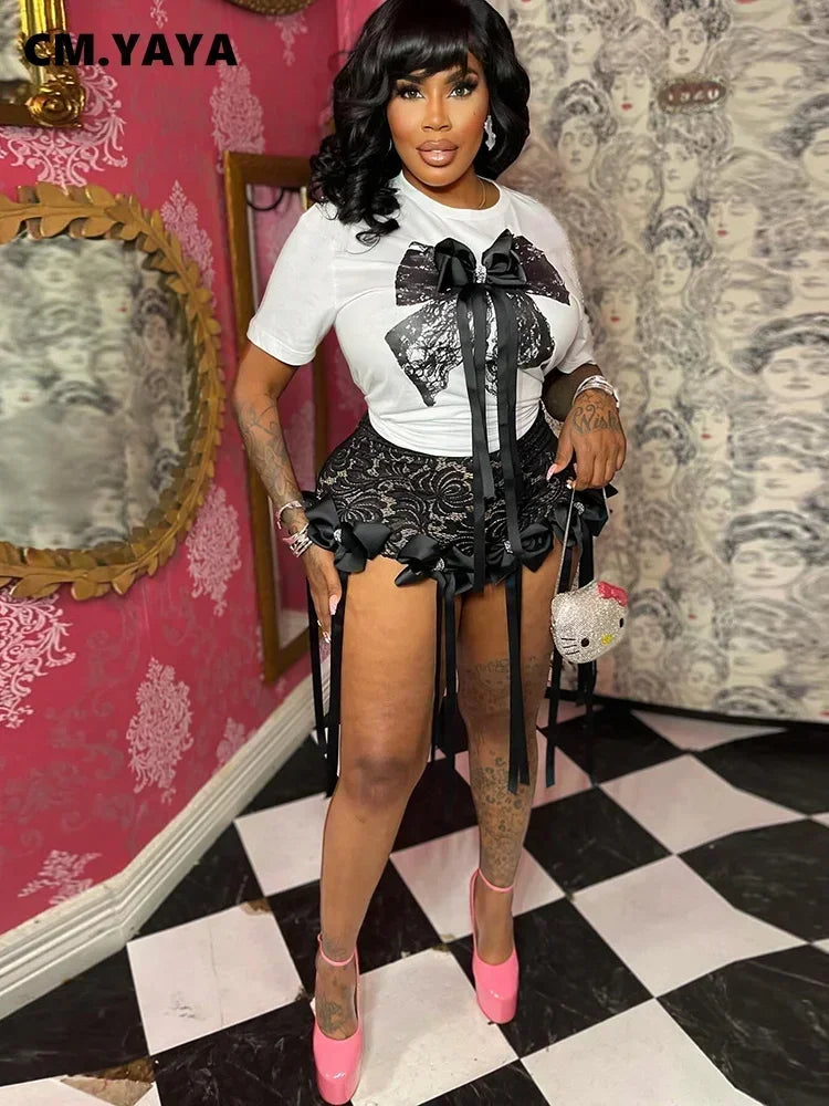 Bow O-Neck short sleeve Tops and lace Shorts Suits Streetwear m 2025
