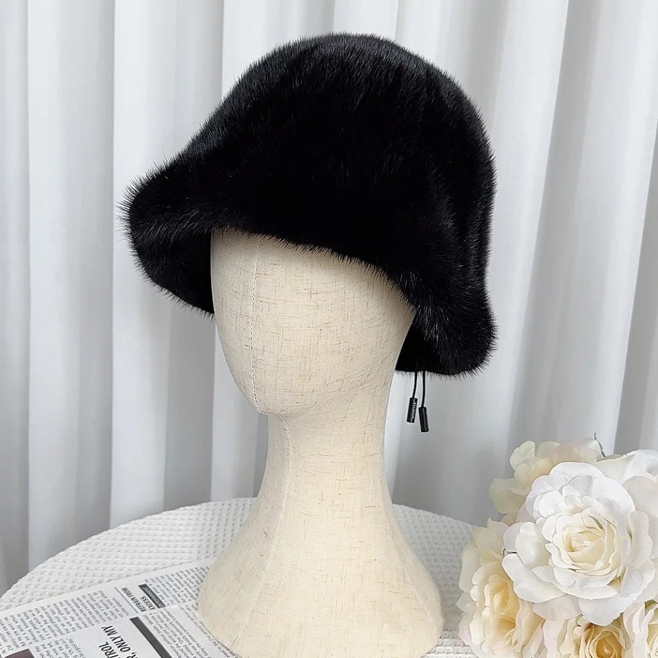 Women In Winter Warm Real Fur Mink Temperament Fisherman Cap Mink Fur Hat Thicken Warm Ear Protection Fashionable Basin Hat