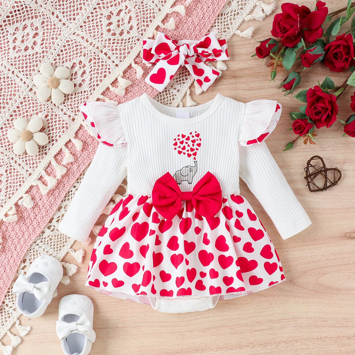 2PCS Autumn Girls Aged 0-1 Are Sweet And Cute, Double-Layer Flying Sleeves And Caring Skirts, Long-Sleeved Clothes + Hair Bands