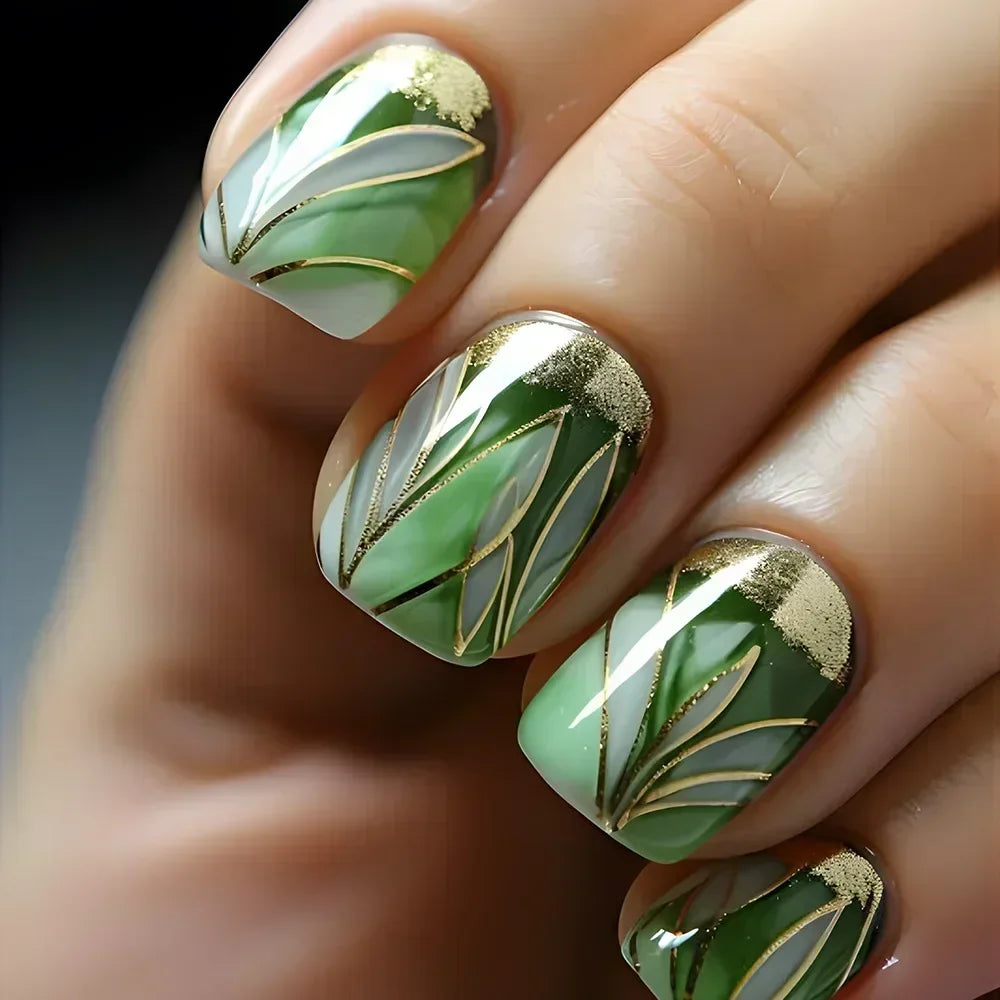 24Pcs Sweet Cool Press on Nails Short Square False Nail Gradient Glitter Line Fake Nails Full Cover Glossy Acrylic Manicure Nail