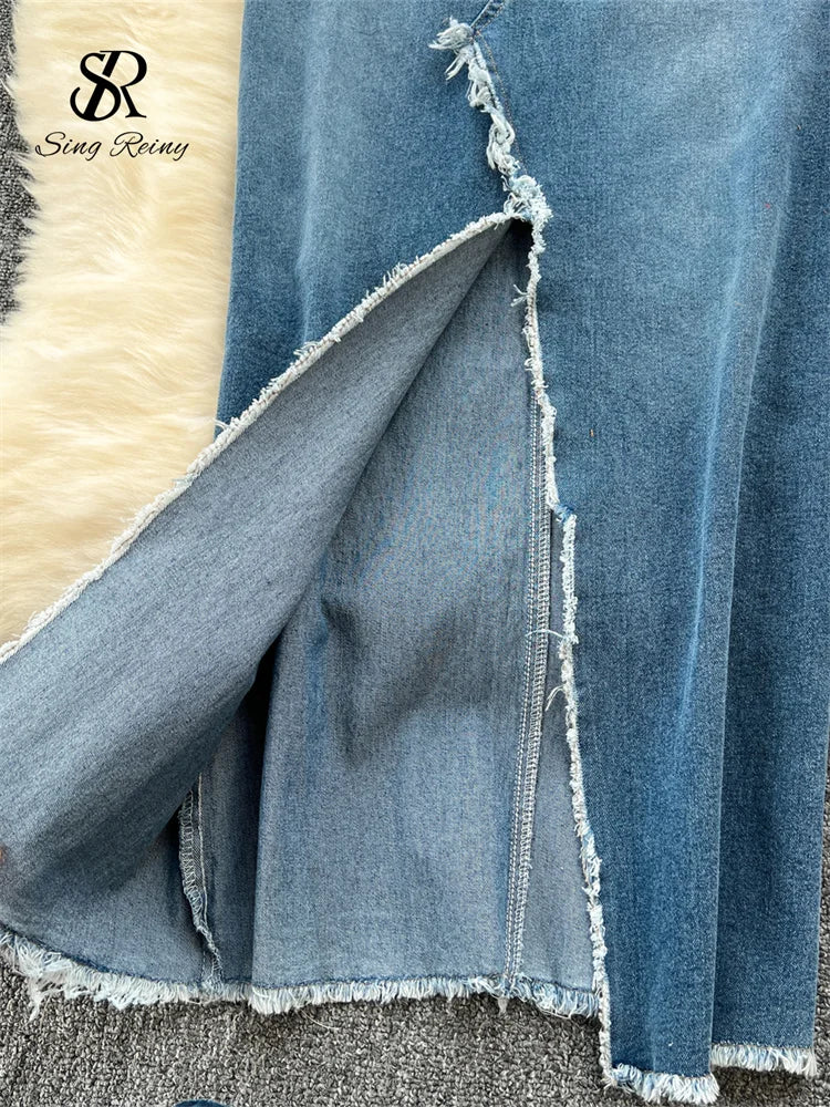 SINGREINY Chic Denim Dress High Quality Sleeveless Buttons Pockets Raw Split Design Women Summer Vintage Strap Dress