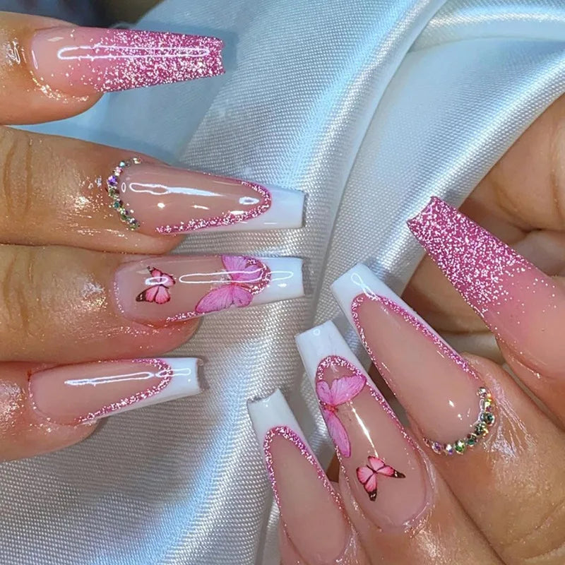 24Pcs Purple Butterfly Coffin Nails Set Press on Long Ballet False Nails with Rhinestone Wearable French Fake Nail Manicure Tips