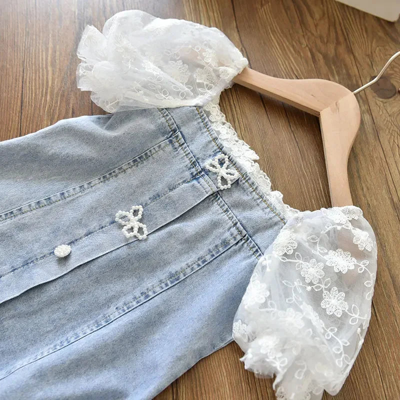 Children Girls Beads Lace Sleeve Denim Dress Toddler Fashion Summer Dresses