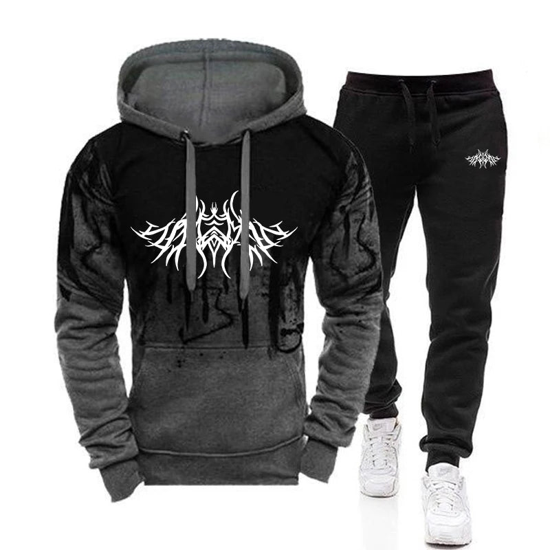 Mens Tracksuit Splash-ink Hooded Sweatshirt Casual Trousers Running Suit Men Sports Two-piece Set Male Fashion Jogging Clothes