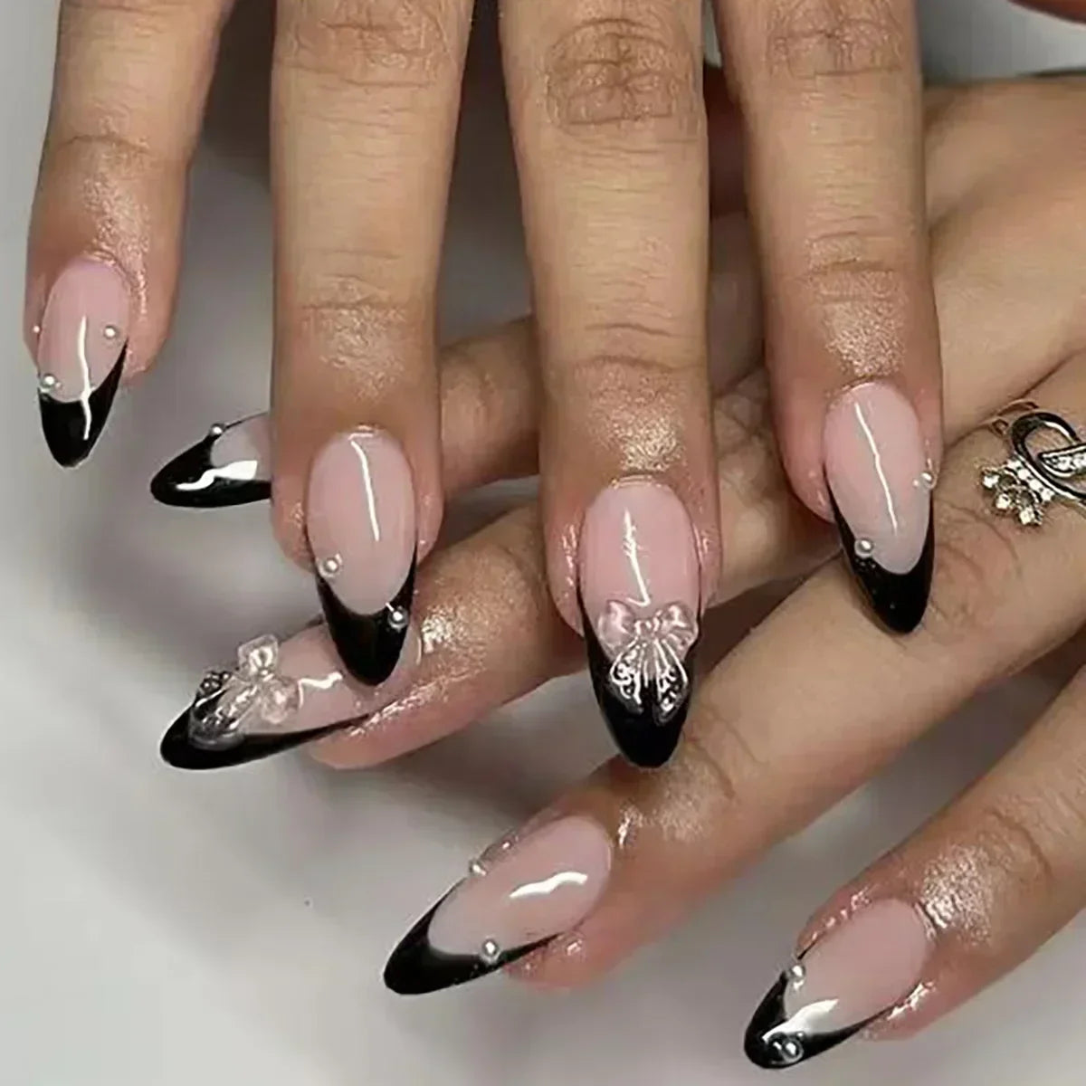 24Pcs Almond False Nails Cute Strawberries with French Design Simple White Wearable Fake Nails Decoration Press on Nail Tips Art