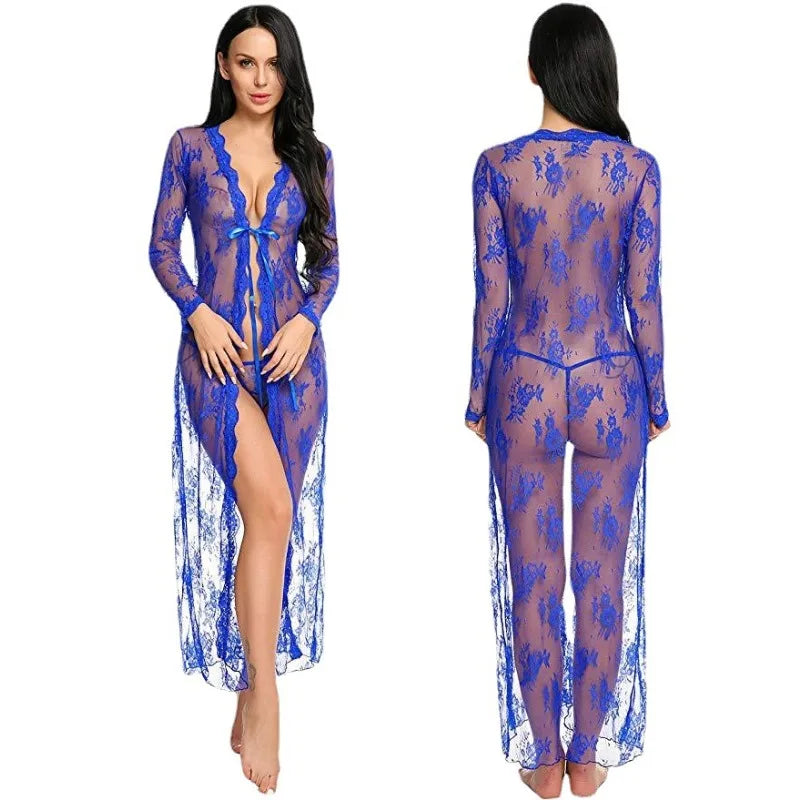 Toucheart Sexy Lace Mesh Transparent Sexy Robe Nightgown Women's See-Through Lace Printing Deep V-Neck Home Ultrathin Nightgown